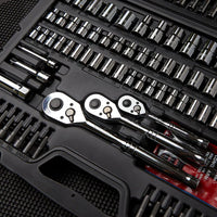 A close-up of the STANLEY MECHANIC TOOL SET (201 PC) in a black case, featuring sockets, ratchet handles, and extensions neatly arranged in their designated spots.
