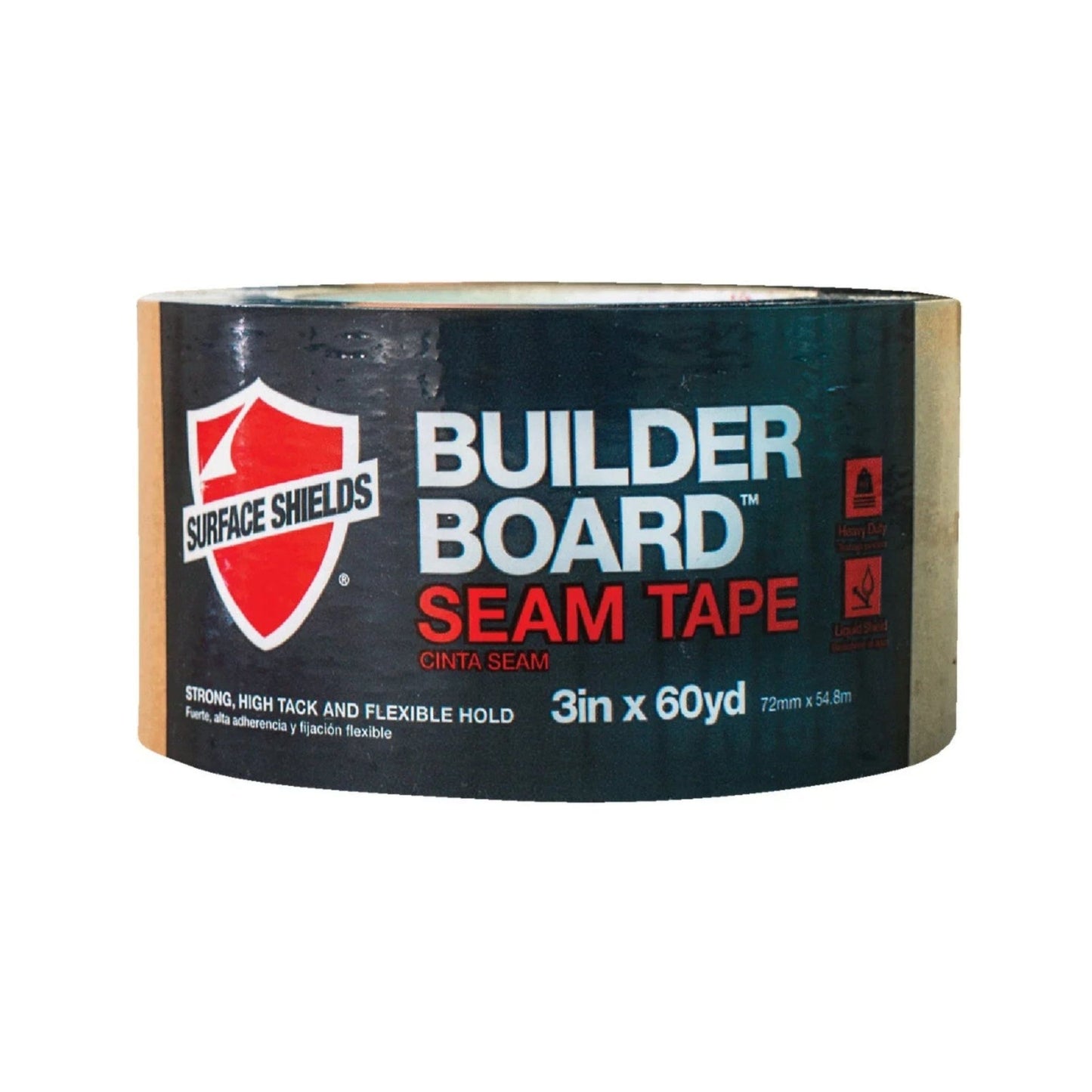 3Ms SURFACE SHIELDS BLD072 Builder Board Tape, measuring 3 in. x 60 yd, offers a strong, high tack, and flexible hold perfect for building projects. It features sleek black packaging with red and white text and logo.