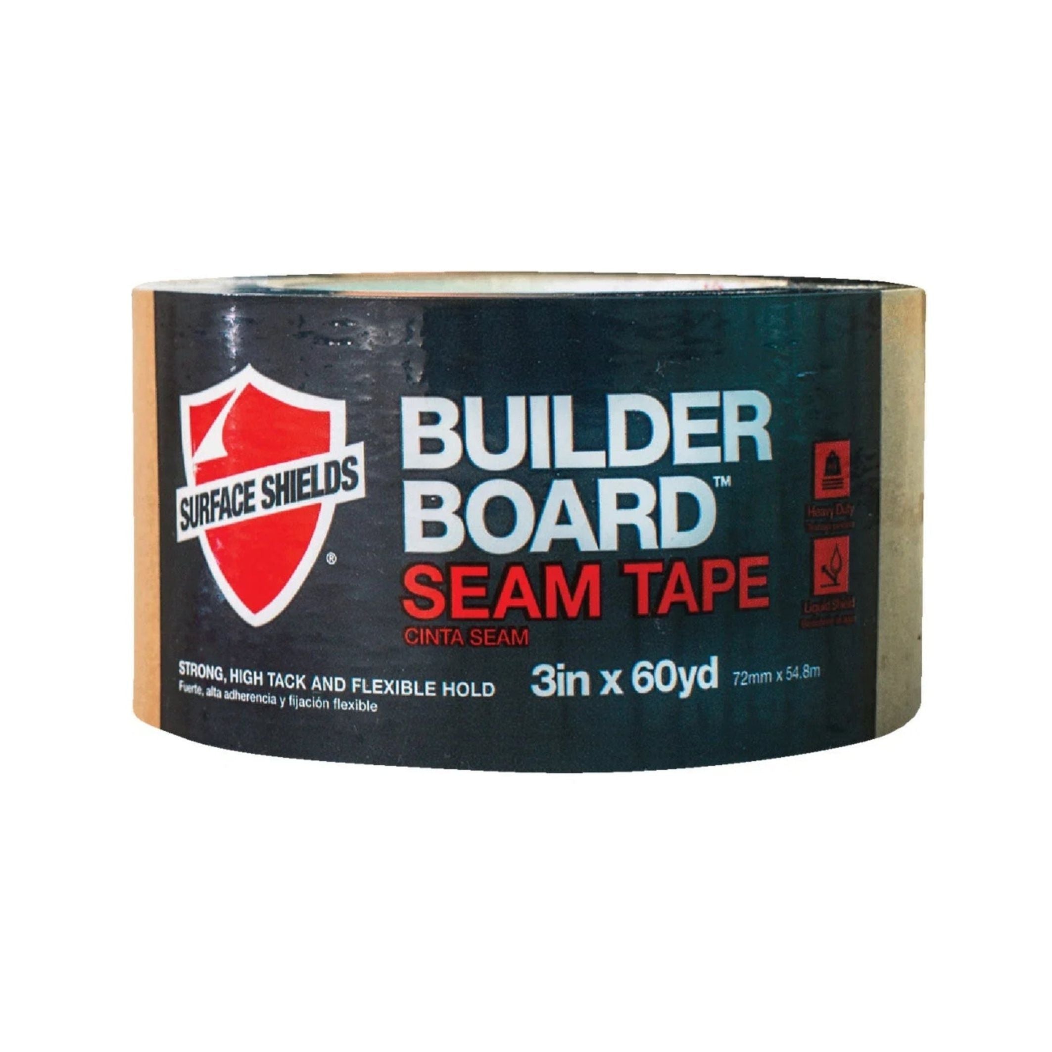 3Ms SURFACE SHIELDS BLD072 Builder Board Tape, measuring 3 in. x 60 yd, offers a strong, high tack, and flexible hold perfect for building projects. It features sleek black packaging with red and white text and logo.