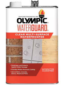 The Olympic Waterguard 1 gal. Clear Multi-Surface Waterproofing Sealer features images of brick, tile, and wood with water droplets, highlighting its mildew-resistant, multi-surface sealant protection.