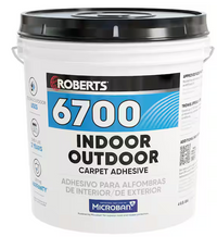 A 4-gallon bucket of ROBERTS Creamy Tan Indoor/Outdoor Carpet and Artificial Grass Adhesive, ideal for installation, featuring blue and black labeling with English and Spanish text plus a Microban logo for antimicrobial protection.