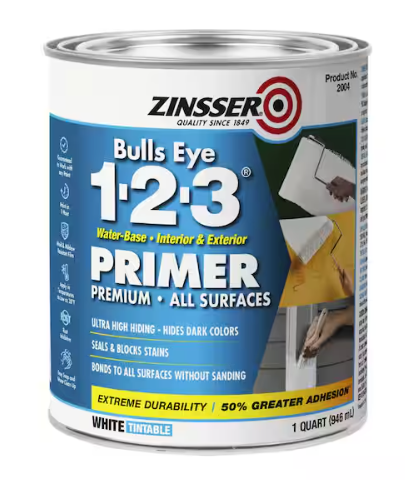 Zinsser Bulls Eye 1-2-3 White Water-Based Interior/Exterior Primer and Sealer, 1 qt., offers ultra high hiding, stain blocking, strong adhesion to any surface, and mold resistance. Suitable for both indoor and outdoor use.