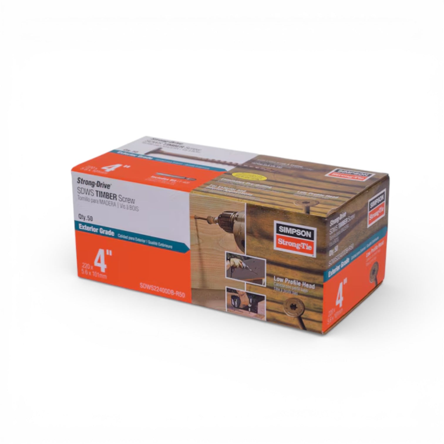 A 50-pack of Simpson Strong-Tie Simpson Exterior Structural Timber Screws, 4 in heavy-duty wood fasteners with T40 drive, is packaged with product details, a screw illustration, and outdoor timber usage examples.