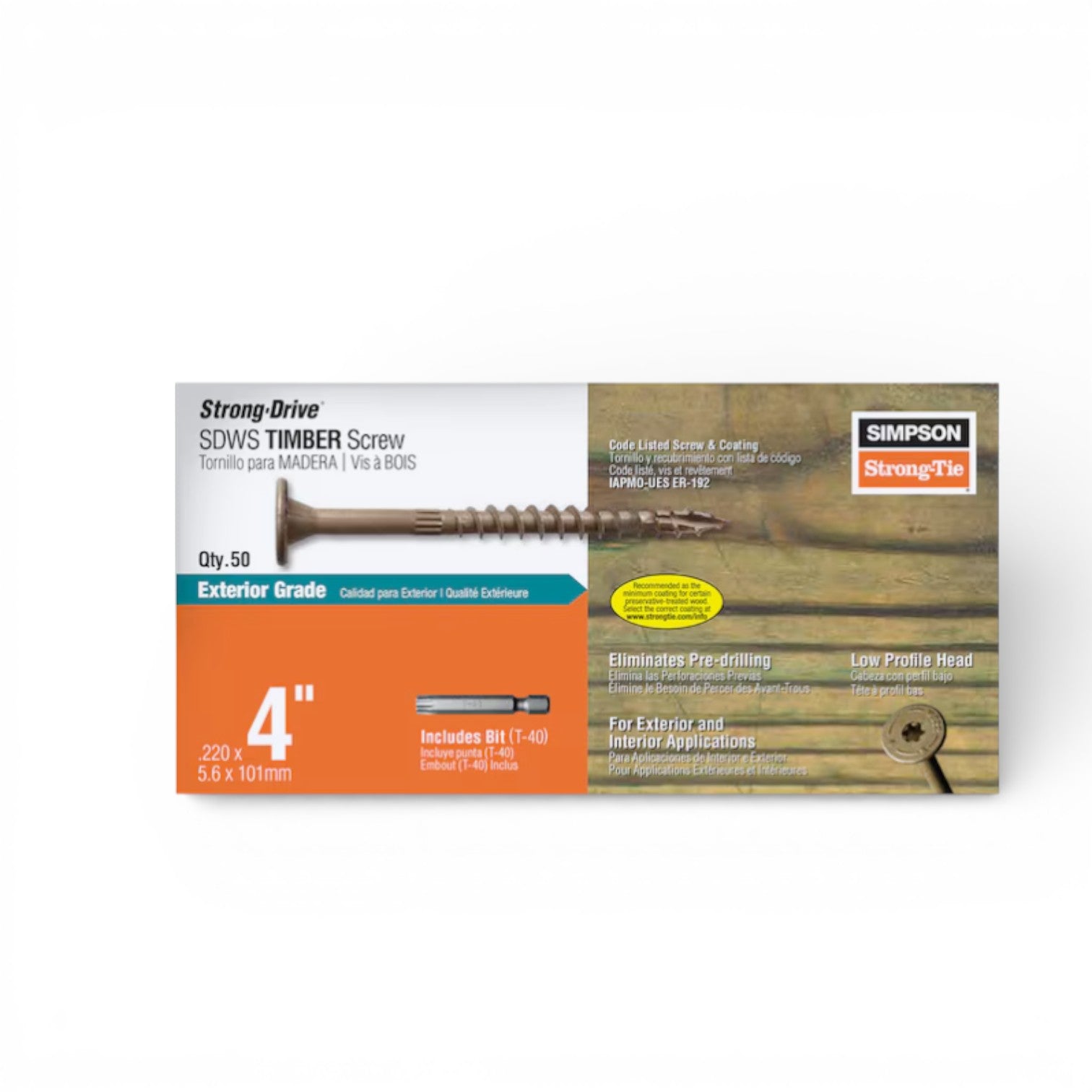 A 50-pack box of Simpson Strong-Tie Exterior Structural Timber Screws—4" heavy-duty wood fasteners with T40 drive—features white and orange branding plus product info and a screw image on the front.