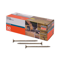 A box of Simpson Strong-Tie Strong-Drive SDWS Timber Screw – Exterior Grade, 0.220 in x 4 in, T40 Drive (50-Pack) is shown with three screws displayed in front; the packaging indicates it contains 50 wood fastening screws.