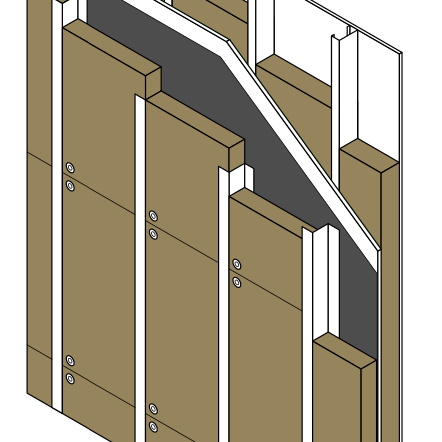 Illustration depicting a wall assembly with vertical wooden studs, Owens Corning T3RB451664 ThermaFiber RainBarrier 45 Mineral Wool insulation for fire resistance, and double cladding. This Go Build system offers continuous insulation benefits for construction purposes.