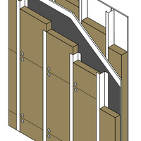 Illustration depicting a wall assembly with vertical wooden studs, Owens Corning T3RB451664 ThermaFiber RainBarrier 45 Mineral Wool insulation for fire resistance, and double cladding. This Go Build system offers continuous insulation benefits for construction purposes.