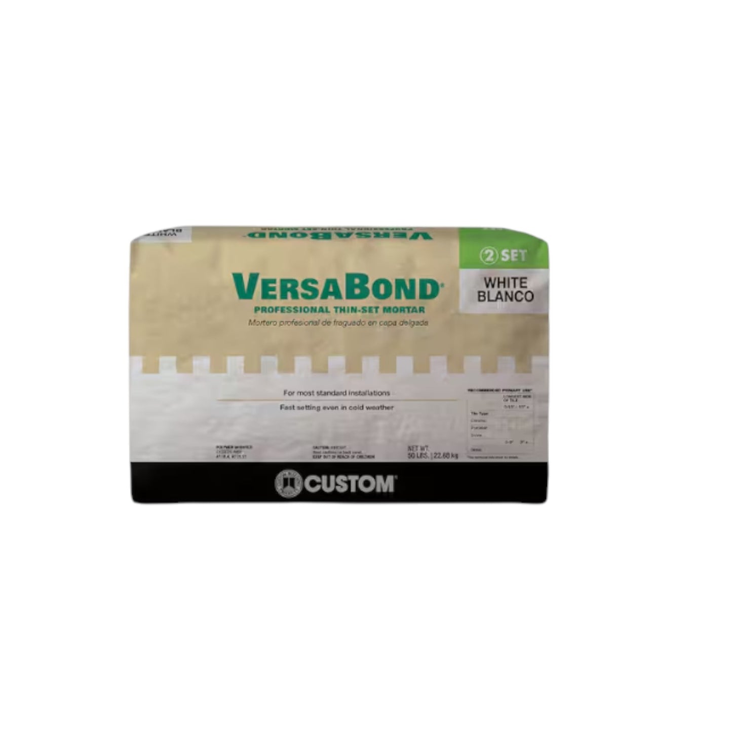 A 50 lb. bag of Go Build Non-Modified Thinset Mortar - White with green, beige, and black packaging. Ideal for most standard tile installations and fast setting in cold weather. Brand: The Fastest Way To Build.