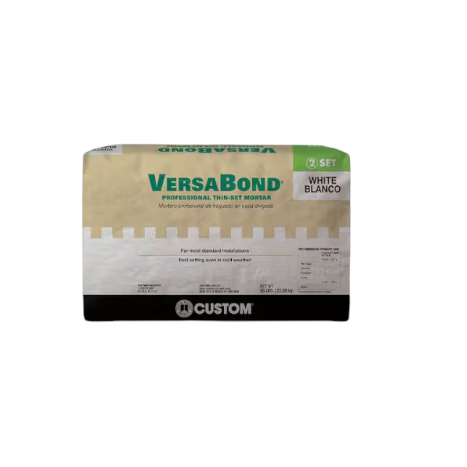 A 50 lb. bag of Go Build Non-Modified Thinset Mortar - White with green, beige, and black packaging. Ideal for most standard tile installations and fast setting in cold weather. Brand: The Fastest Way To Build.