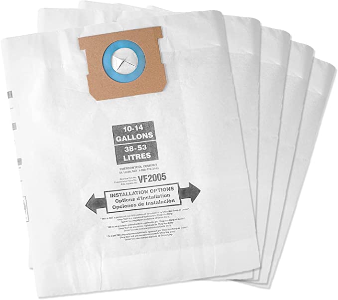 Four Type F Shop-Vac® 10-14 Gallon* Disposable Filter Bags are fanned out, featuring blue collars. They're ideal for large cleaning tasks and fit Shop-Vac vacuums, model VF2005.