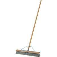 Go Builds 18 in. Smooth Surface Push Broom is ideal for sweeping floors, featuring a heavy-duty resin block, wide bristle head, powder-coated steel handle, and rectangular base with metal braces for durability.