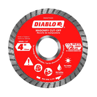 Image of the Diablo DMADT0400 4-inch diamond turbo masonry cut-off disc with industrial-grade diamonds. The red blade is suitable for both wet and dry cutting, features a 7/8 arbor, and has a maximum speed of 15,250 RPM.