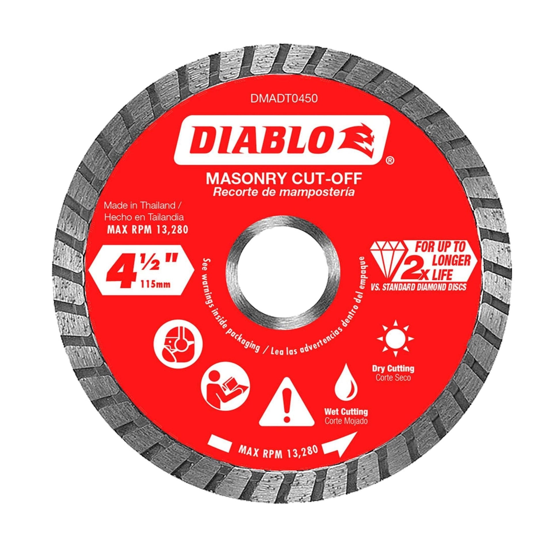 The DIABLO DMADT0450 is a 4-1/2 in. diamond turbo masonry cut-off disc by Diablo with a red circular design. It offers up to 2X longer cutting life, supports wet and dry use with icons, has a max RPM of 13,280, and is made in Thailand.