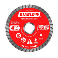 The DIABLO DMADT0450 is a 4-1/2 in. diamond turbo masonry cut-off disc by Diablo with a red circular design. It offers up to 2X longer cutting life, supports wet and dry use with icons, has a max RPM of 13,280, and is made in Thailand.