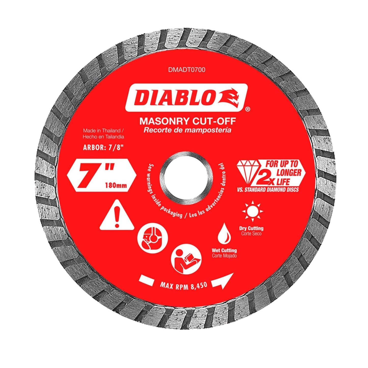 The DIABLO DMADT0700, a 7-inch diamond turbo masonry cut-off disc, features a 7/8-inch arbor. It includes icons for metal debris, wet cutting, and safety gear warnings. This Diablo product promises up to 2x the longevity of standard discs with a max RPM of 8,450.