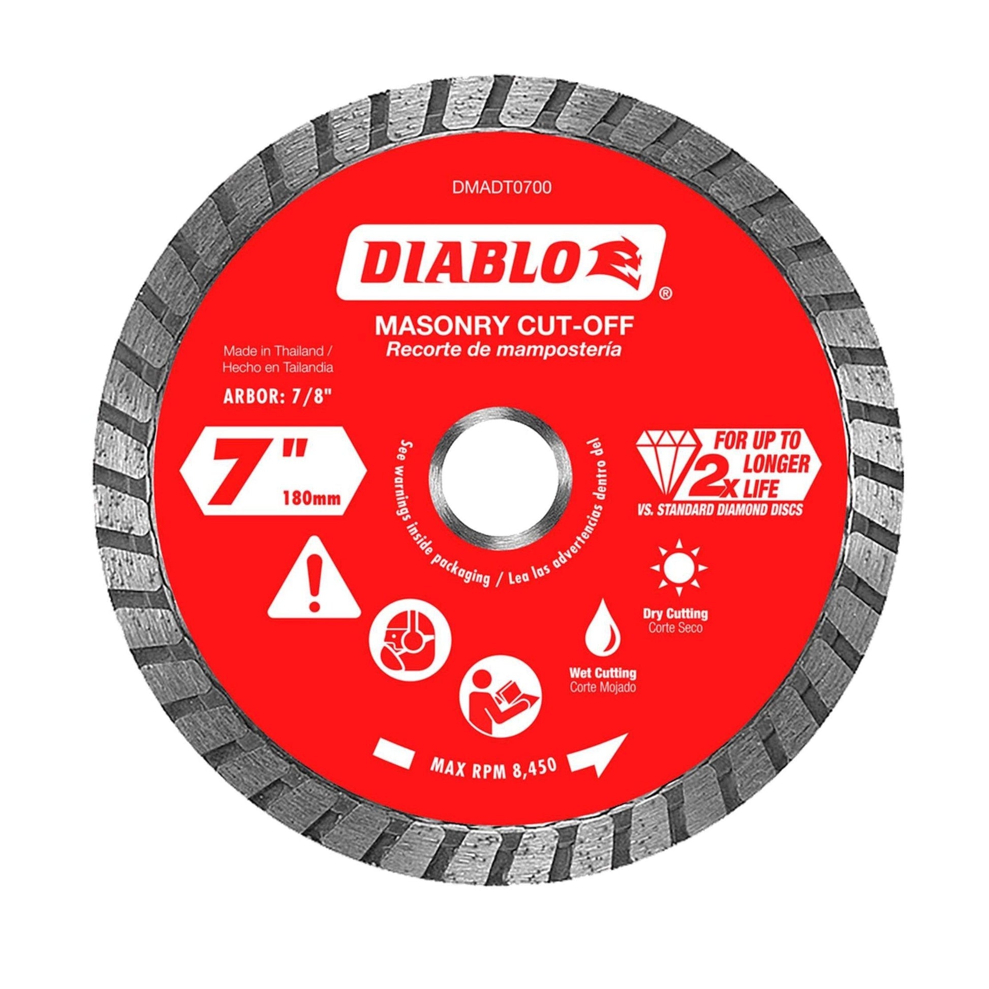 The DIABLO DMADT0700, a 7-inch diamond turbo masonry cut-off disc, features a 7/8-inch arbor. It includes icons for metal debris, wet cutting, and safety gear warnings. This Diablo product promises up to 2x the longevity of standard discs with a max RPM of 8,450.