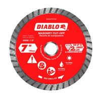 The DIABLO DMADT0700, a 7-inch diamond turbo masonry cut-off disc, features a 7/8-inch arbor. It includes icons for metal debris, wet cutting, and safety gear warnings. This Diablo product promises up to 2x the longevity of standard discs with a max RPM of 8,450.