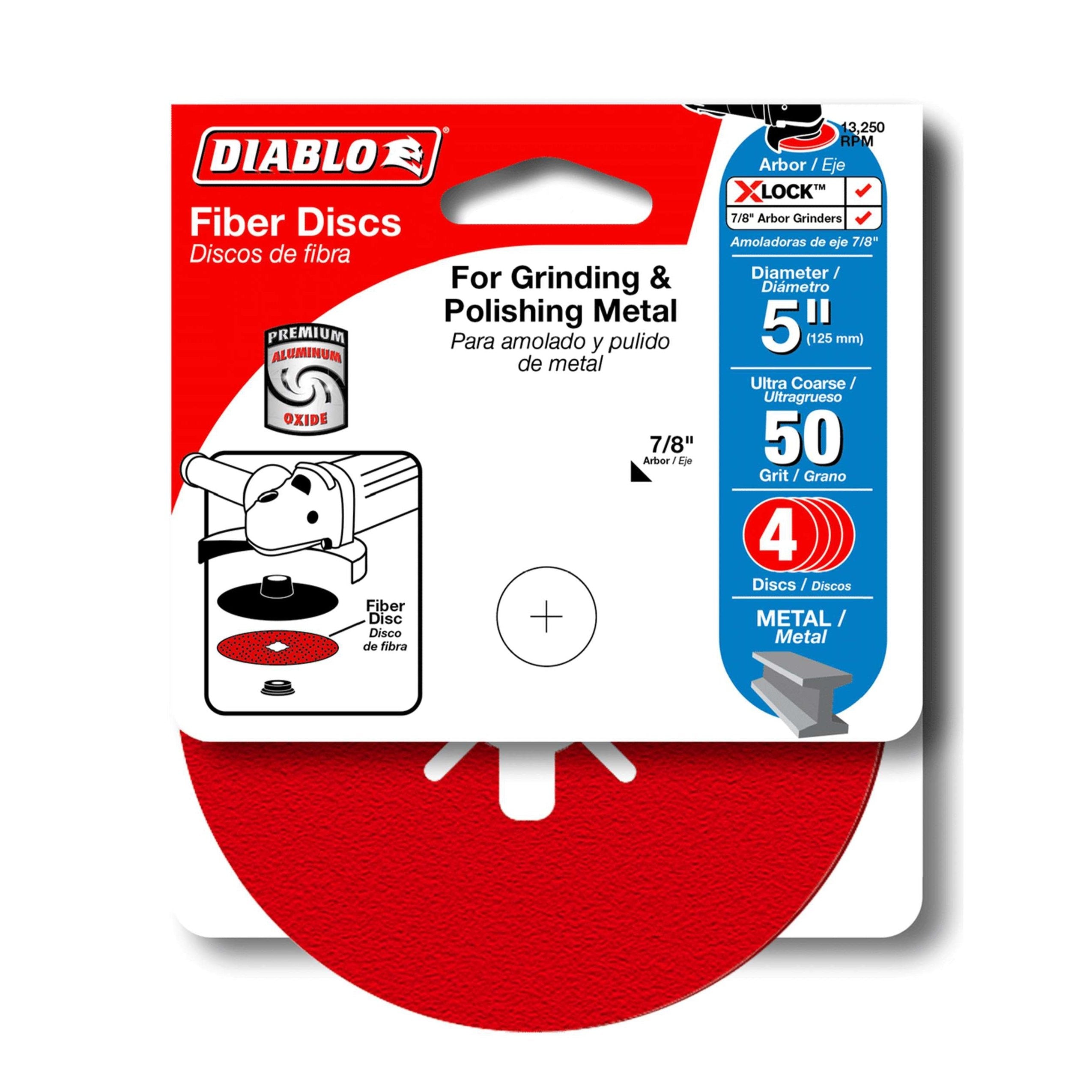 The Diablo DCF050050S04G 5 50-Grit Fiber Discs for Metal (4-Pack) feature premium aluminum oxide for durability. The packaging, in bold red and black, details a 7/8 arbor size and includes both English and Spanish text for user convenience.