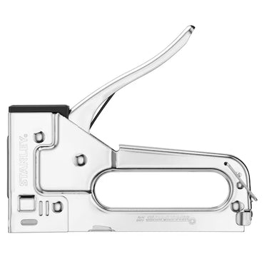 The STANLEY® Light-duty Steel Staple Gun by STANLEY features a shiny metal body, black adjustment knob, trigger handle, and rectangular grip, shown against a white background.