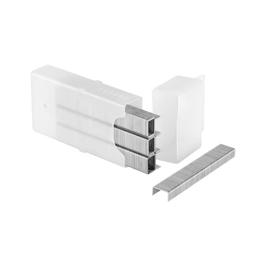 The STANLEY® Light-duty Staple, 6mm (1,000 PACK) comes in a clear plastic box holding metal staples, with several strips partly visible—ideal for crafts or upholstery projects.