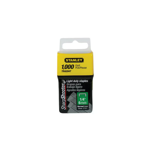 The STANLEY® Light-duty Staple, 6mm (1,000 PACK), is ideal for upholstery or crafts. Packaged in distinctive yellow and black with English and Spanish details.