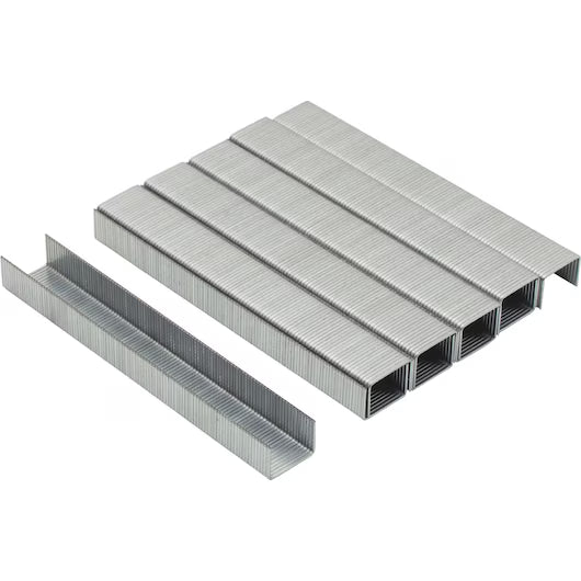 A pack of STANLEY® Light-duty Staples, 8mm (1,000 PACK), is shown with silver metal strips arranged side by side on a white background—one angled to reveal the profile—ideal for upholstery or craft projects.