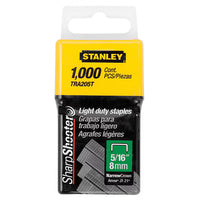 The STANLEY® Light-duty Staple, 8mm (1,000 PACK) contains 1,000 light-duty staples ideal for crafts or upholstery, featuring English and Spanish text on a yellow and black STANLEY label.