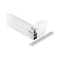 A stack of STANLEY® Heavy-duty Staples, 6mm (1,000 PACK), is partially removed from its clear plastic box, with one staple separated and placed in front.