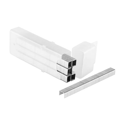 A clear plastic box with stacks of STANLEY® Heavy-duty Staples, 8mm (1,000 PACK), some neatly arranged and a few loose in front, shown against a white background. Ideal for upholstery and other heavy-duty tasks.