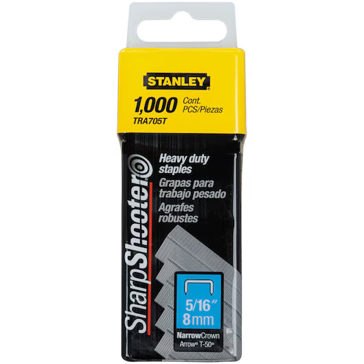STANLEY® Heavy-duty Staples, 8mm (1,000 PACK): 1,000 upholstery staples in a black and yellow pack, labeled in English, Spanish & French. Fits Arrow T-50 staplers.