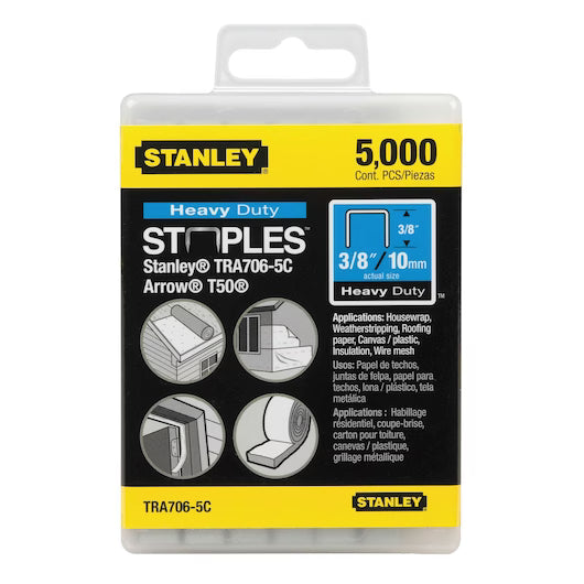 A 5,000-pack of STANLEY 3/8 in Heavy Duty Staples offers corrosion resistance and includes diagrams plus a list of uses like housewrap, roofing paper, insulation, and upholstery. Model: TRA706-5C.