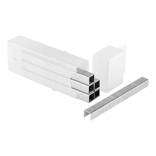 An open clear box reveals several sticks of STANLEY® Heavy-duty Staples, 10mm (1,000 PACK), with two sticks of these sturdy STANLEY staples placed outside next to it.