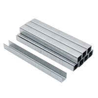 Several stacks of STANLEY 3/8 in Heavy Duty Staples (5000 PK) are arranged neatly on a white background, with two individual corrosion resistant staples displayed in front.
