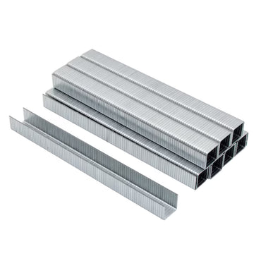 Several stacks of STANLEY 3/8 in Heavy Duty Staples (5000 PK) are arranged neatly on a white background, with two individual corrosion resistant staples displayed in front.