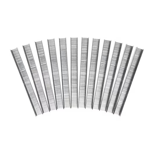 Twelve strips of STANLEY® Heavy-duty Staples, 12mm (1,000 PACK), are displayed in a semi-circular fan pattern on a white background.