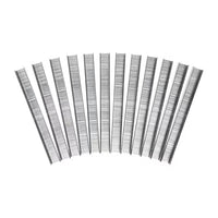 Twelve strips of STANLEY® Heavy-duty Staples, 12mm (1,000 PACK), are displayed in a semi-circular fan pattern on a white background.