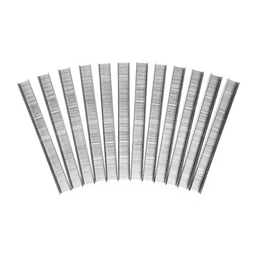 Twelve strips of STANLEY® Heavy-duty Staples, 12mm (1,000 PACK), are displayed in a semi-circular fan pattern on a white background.