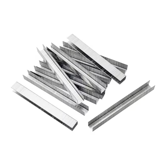 A pile of STANLEY® Heavy-duty Staples, 12mm (1,000 PACK), is scattered on a white background.