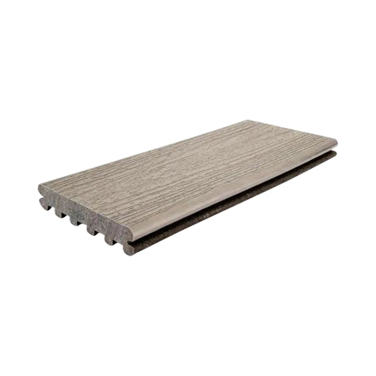 A Go Build 1 in. x 6 in. x 12 ft. Enhance Naturals Grooved Edge Composite Deck Board in Rocky Harbor, with a gray woodgrain texture and grooved edge, is shown against a white background.