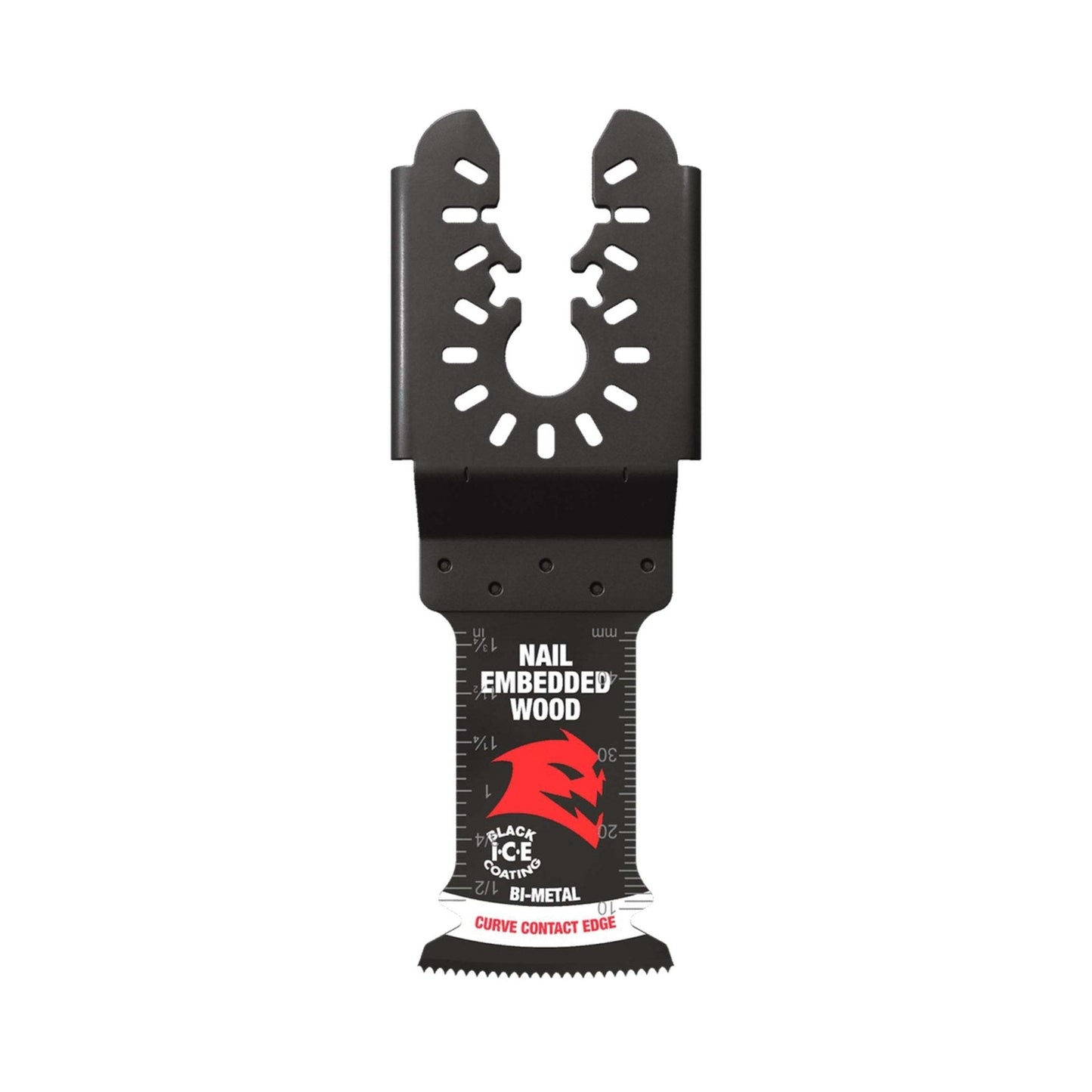 The DIABLO DOU125BW 1-1/4 in. Demo Demon™ oscillating blade by Diablo, designed for nail-embedded wood, features a black and red design with a curved contact edge, ultra-hardened cutting edge, universal fit bi-metal construction, measurement markings, and a logo with a circular pattern at the top.