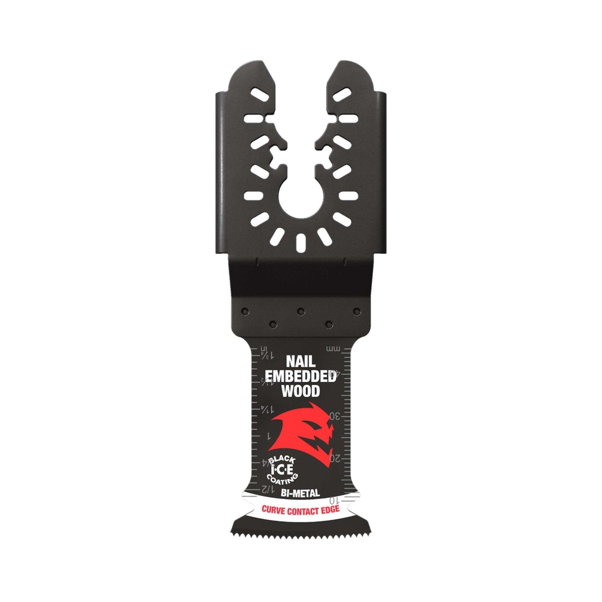 The DIABLO DOU125BW 1-1/4 in. Demo Demon™ oscillating blade by Diablo, designed for nail-embedded wood, features a black and red design with a curved contact edge, ultra-hardened cutting edge, universal fit bi-metal construction, measurement markings, and a logo with a circular pattern at the top.