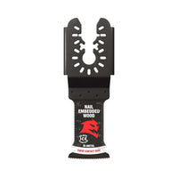 The DIABLO DOU125BW 1-1/4 in. Demo Demon™ oscillating blade by Diablo, designed for nail-embedded wood, features a black and red design with a curved contact edge, ultra-hardened cutting edge, universal fit bi-metal construction, measurement markings, and a logo with a circular pattern at the top.