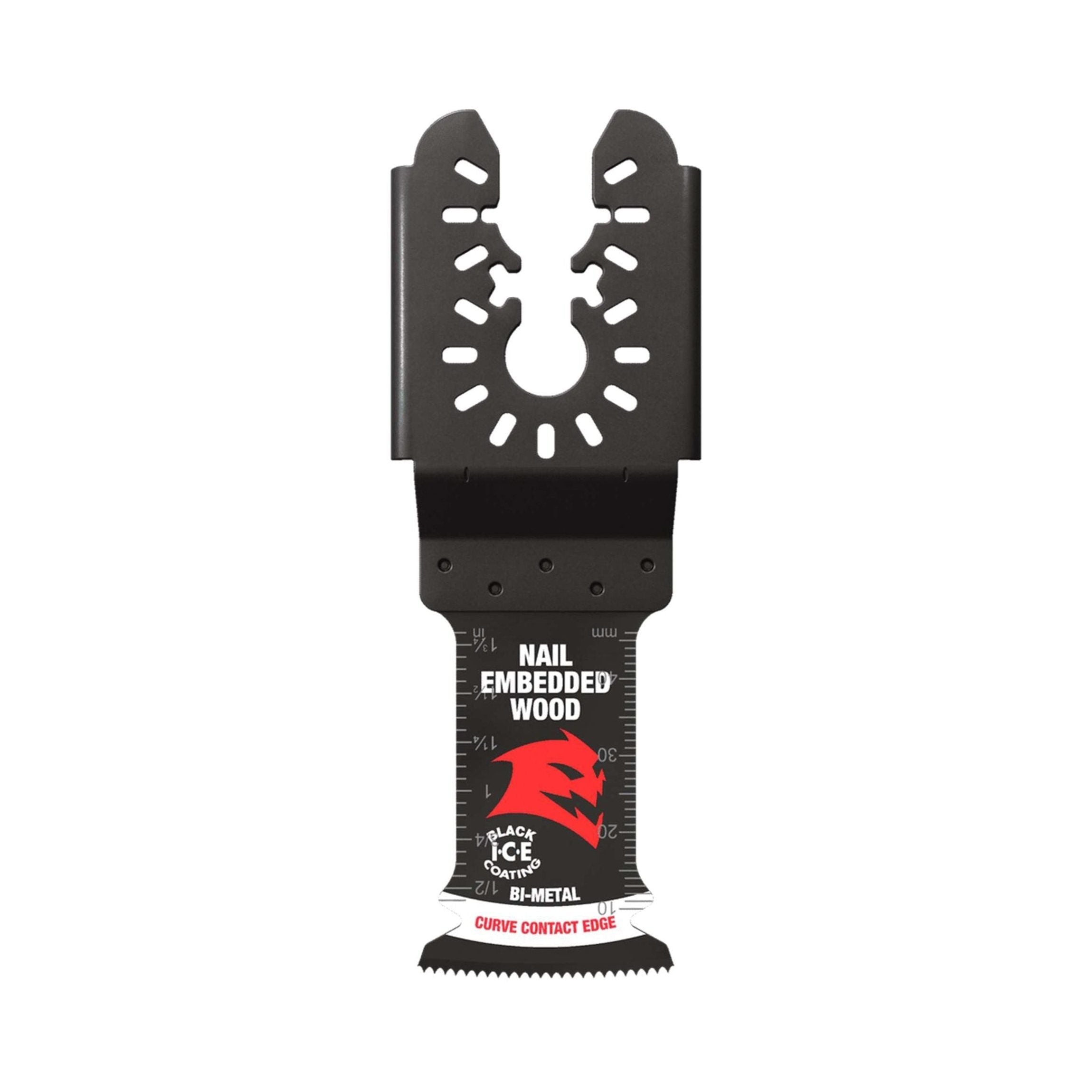 The DIABLO DOU125BW 1-1/4 in. Demo Demon™ oscillating blade by Diablo, designed for nail-embedded wood, features a black and red design with a curved contact edge, ultra-hardened cutting edge, universal fit bi-metal construction, measurement markings, and a logo with a circular pattern at the top.
