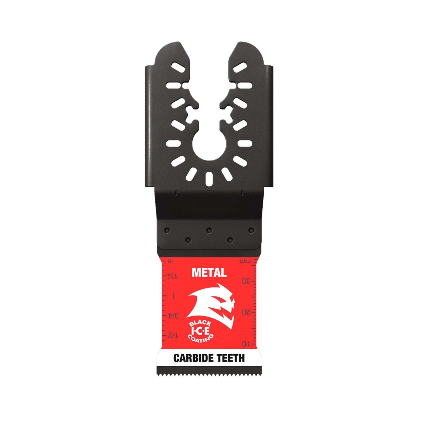 The Diablo DOU125CF Steel Demon™ 1-1/4 in. Oscillating Blade has a red base and black top with metal carbide teeth for extreme durability, featuring a white dragon head logo, METAL, and BLACK ICE COATINGS. Its universally fit for cutting metal.