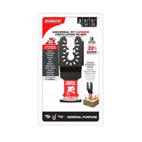 The Diablo DOU125CGP3 AMPED™ Demo Demon™ 1-1/4 in. oscillating blades boast carbide teeth and curve contact edge technology for 50x longer life, ideal for general-purpose use with universal tool compatibility, detailed specs, and diagrams included. Comes in a 3-pack.