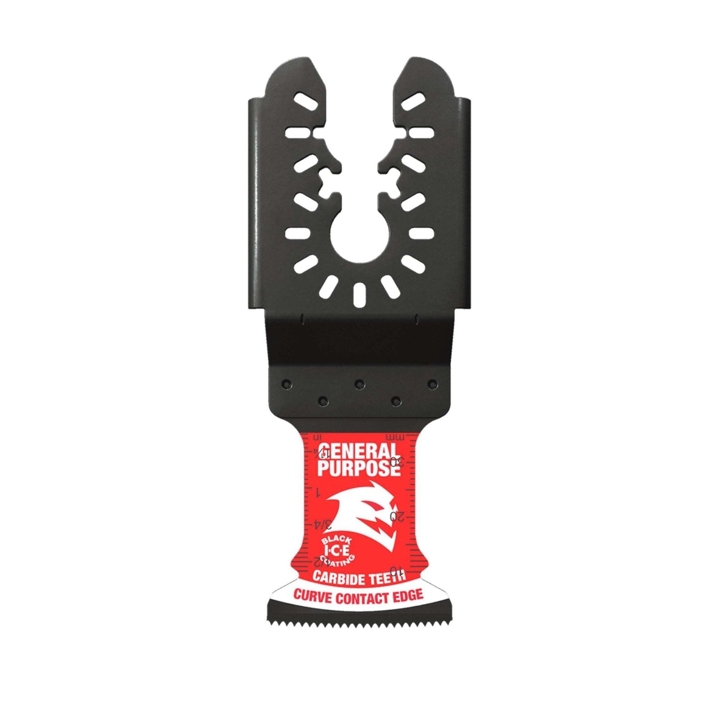 The Diablo DIABLO DOU125CGP 1-1/4 in. AMPED™ Demo Demon™ blade features a red base and metal adapter labeled General Purpose and Carbide Teeth Curve Contact Edge. Its carbide teeth offer longer life, cutting through various materials with a universal fit.