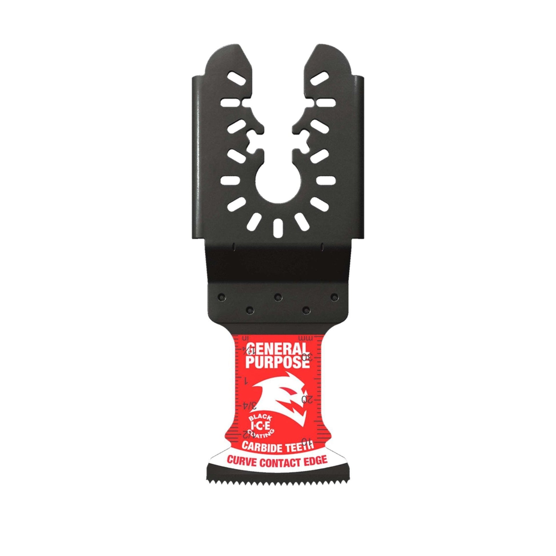 The Diablo DIABLO DOU125CGP 1-1/4 in. AMPED™ Demo Demon™ blade features a red base and metal adapter labeled General Purpose and Carbide Teeth Curve Contact Edge. Its carbide teeth offer longer life, cutting through various materials with a universal fit.