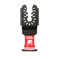 The Diablo DIABLO DOU125CGP 1-1/4 in. AMPED™ Demo Demon™ blade features a red base and metal adapter labeled General Purpose and Carbide Teeth Curve Contact Edge. Its carbide teeth offer longer life, cutting through various materials with a universal fit.