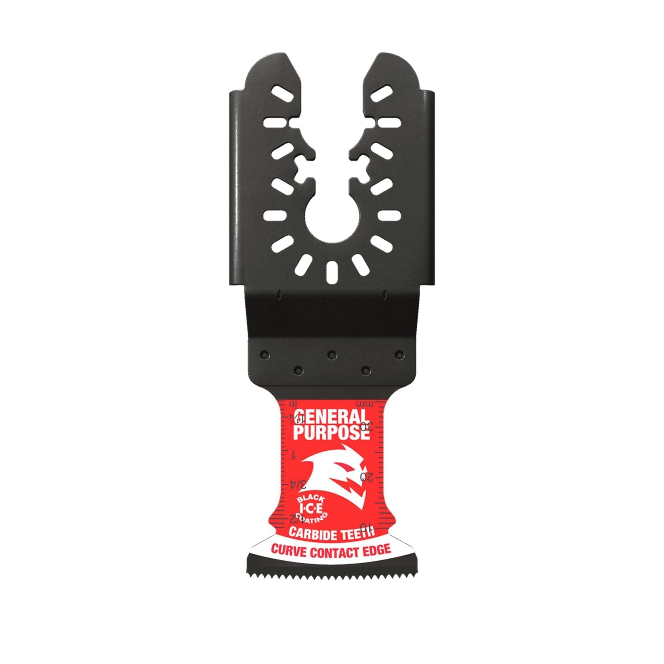 The Diablo DIABLO DOU125CGP 1-1/4 in. AMPED™ Demo Demon™ blade features a red base and metal adapter labeled General Purpose and Carbide Teeth Curve Contact Edge. Its carbide teeth offer longer life, cutting through various materials with a universal fit.