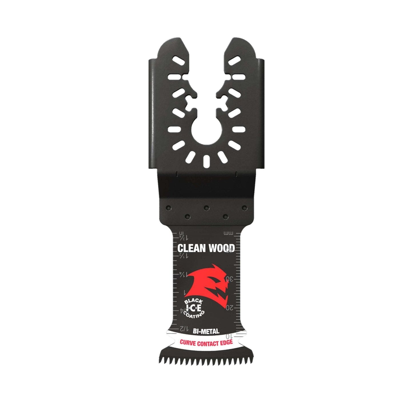The Diablo DOU125JBW 1-1/4 Demo Demon™ blade for clean wood features a black and red wavy cutting edge and a U-shaped universal mounting bracket, marked Black Ice Bi-Metal with a red bear-like logo.